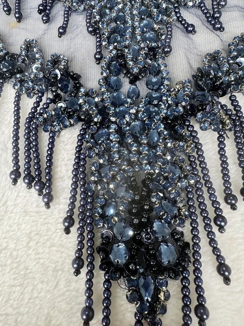 MOPISVN Handmade Crystal on lace Applique Sewing Rhinestones Fringe Beads Sequins Patches Trim Luxury Decoration Accessories for Wedding Dress 17X12.5inches (Deepblue) - Image 3